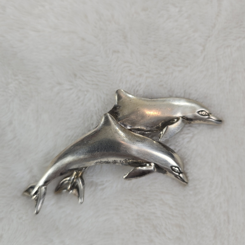 Vintage Mexico Sterling Silver Jumping Dolphins Brooch Pin